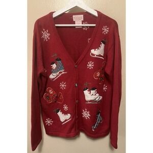 Basic Editions Holiday Cardigan Ice Skates Skating Winter Christmas Red Womens L